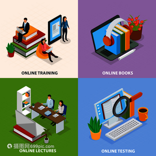 線教育等距理念,網(wǎng)絡(luò)培訓(xùn),電子書籍,互聯(lián)網(wǎng)講座,知識(shí)測(cè)試孤立矢量插圖線教育等距